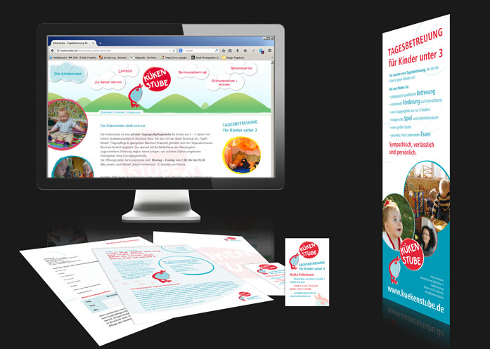 3We Portfolio: Kükenstube Kampagne Website, Poster, Flyer, Visitenkarte, Verträge, Briefpapier
